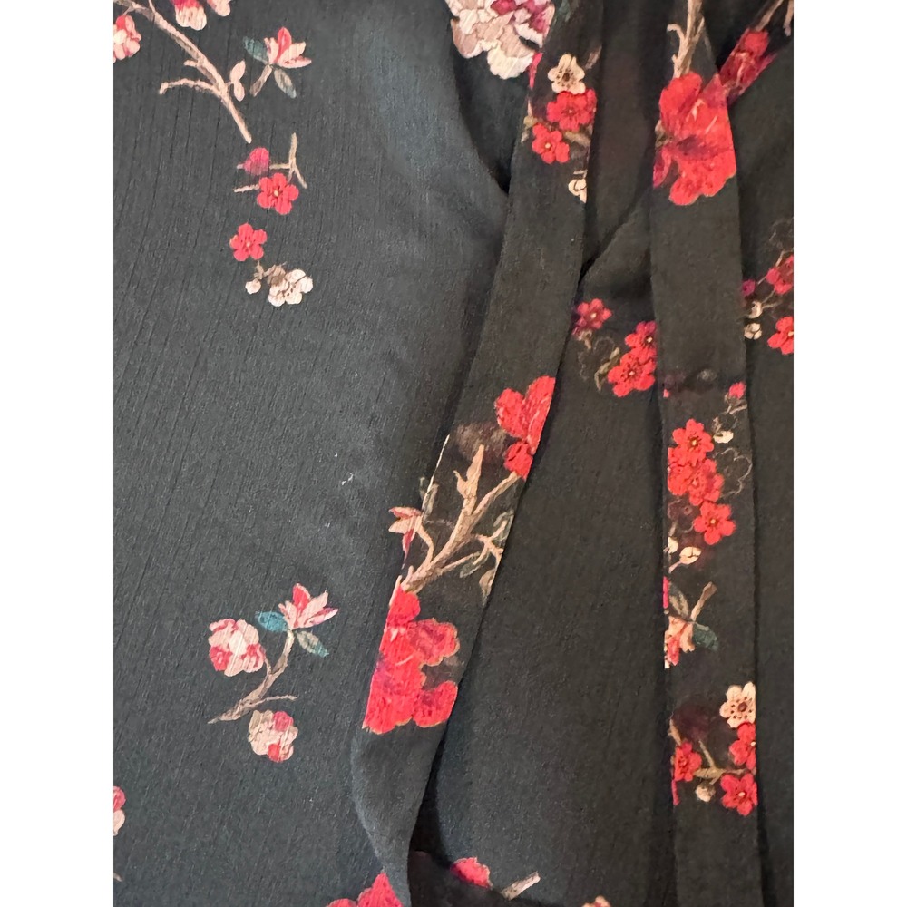 Lauren Ralph Lauren Floral Tie Neck‎ Blouse Black Red Sheer Sleeve XL READ - Picture 4 of 6